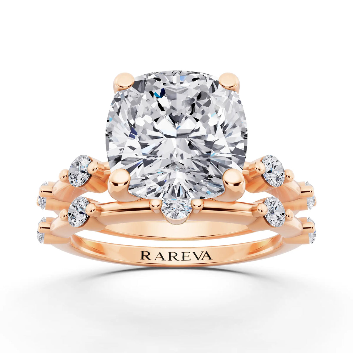 18 KT Rose Gold Cushion Cut Diamond Ring with Floating Accent Band - front view
