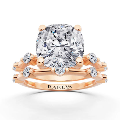 18 KT Rose Gold Cushion Cut Diamond Ring with Floating Accent Band - front view