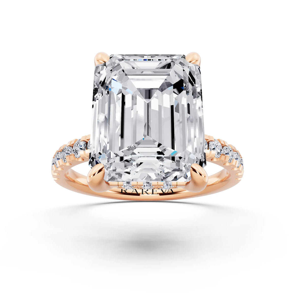14 KT Rose Gold Emerald Cut Diamond Hidden Halo Tiger Prong Pave Band Ring - front view