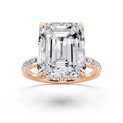 14 KT Rose Gold Emerald Cut Diamond Hidden Halo Tiger Prong Pave Band Ring - front view