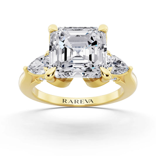 18 KT Yellow Gold Asscher Cut Diamond Cluster Engagement Ring with Pear Accents and Pavé Band - front view