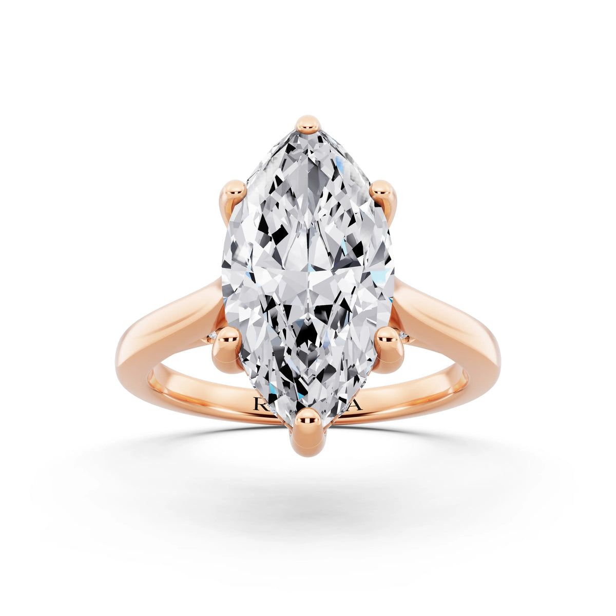 14 KT Rose Gold Marquise Cut Diamond Solitaire Ring with Cathedral Band - front view
