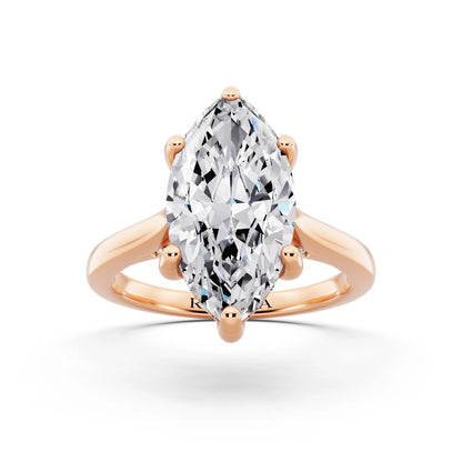 14 KT Rose Gold Marquise Cut Diamond Solitaire Ring with Cathedral Band - front view