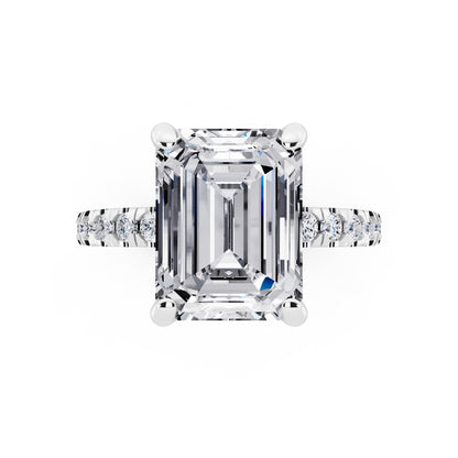 14 KT White Gold Emerald Cut Diamond Hidden Halo Ring with Pave Shank - top angle