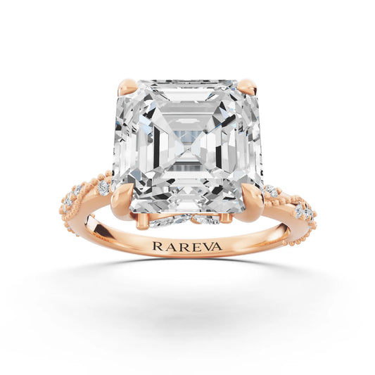 14 KT Rose Gold Asscher Cut Diamond Ring with Marquise Accent - front view