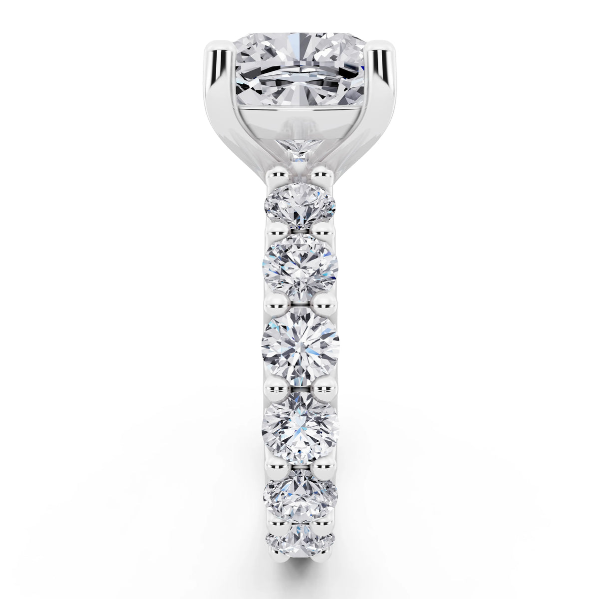 Platinum Cushion Cut Diamond Ring with Shared Prong Eternity Band - side view