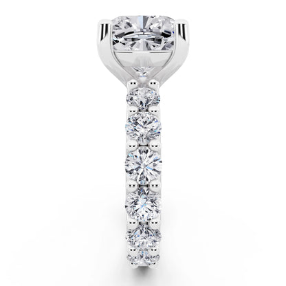 Platinum Cushion Cut Diamond Ring with Shared Prong Eternity Band - side view