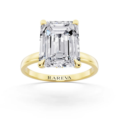 14 KT Yellow Gold Emerald Cut Diamond Solitaire Ring with Pave Collar - front view