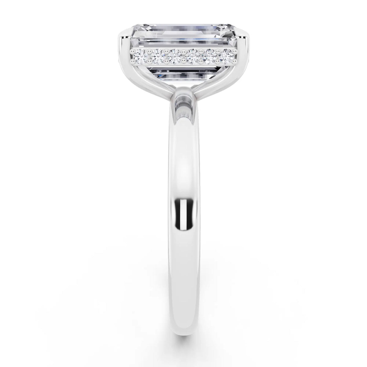 Platinum Emerald Cut Diamond Hidden Halo Solitaire Ring - side view