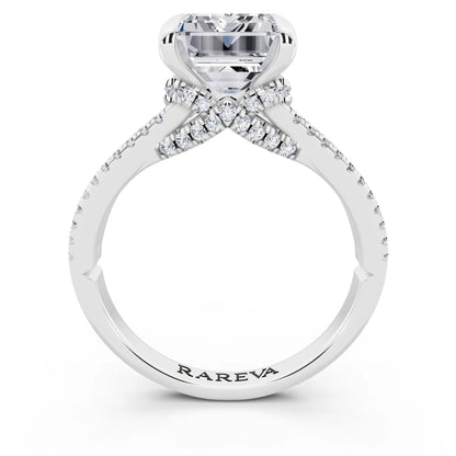 18 KT White Gold Emerald Cut Diamond Ring with Pavé Split Shank - through finger