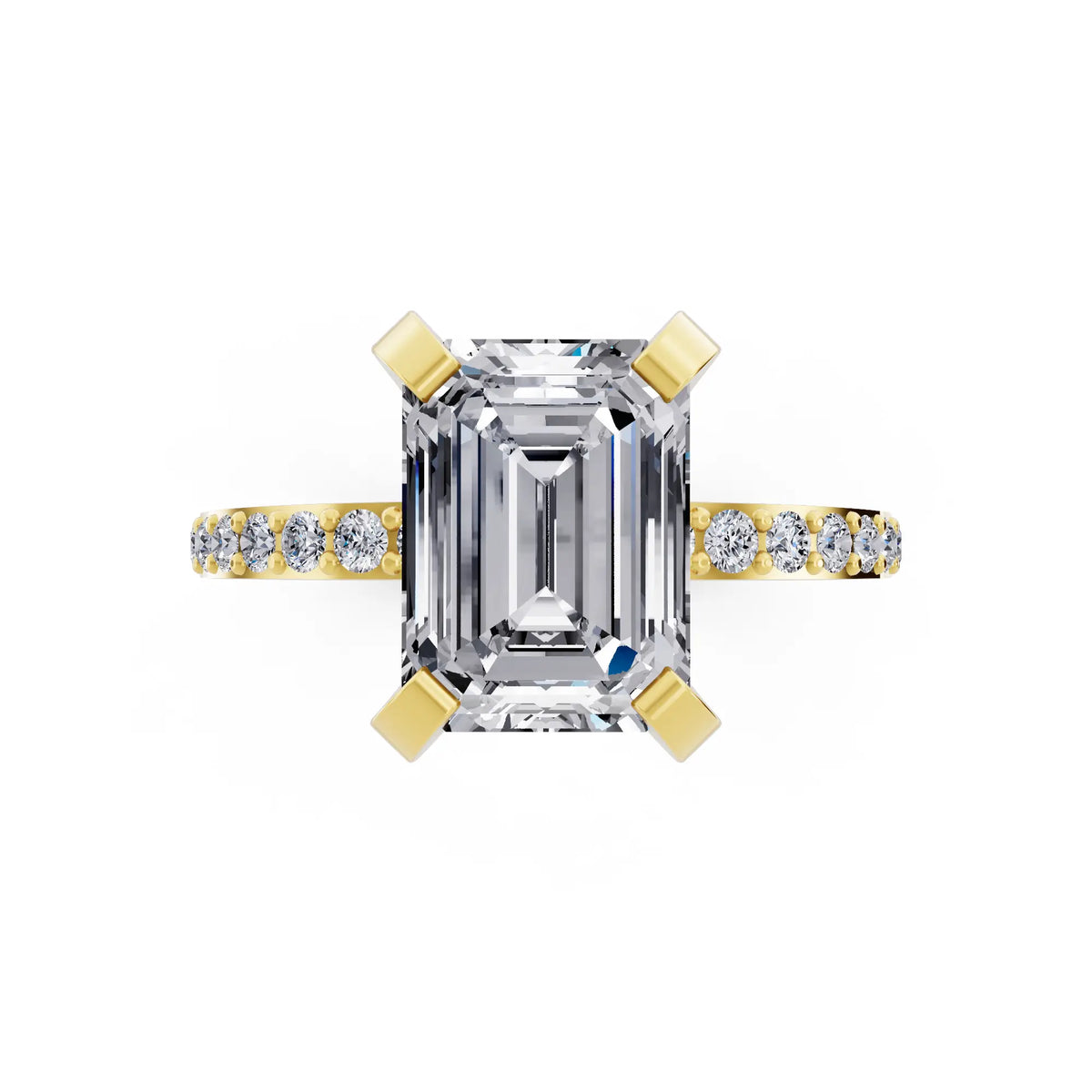 18 KT Yellow Gold Emerald Cut Diamond Solitaire Ring with Pave Shank - top angle