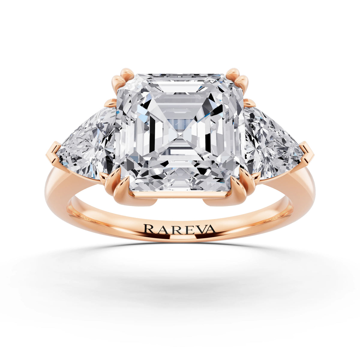 14 KT Rose Gold Asscher Cut Diamond Three Stone Ring with Trillion Accents - front view
