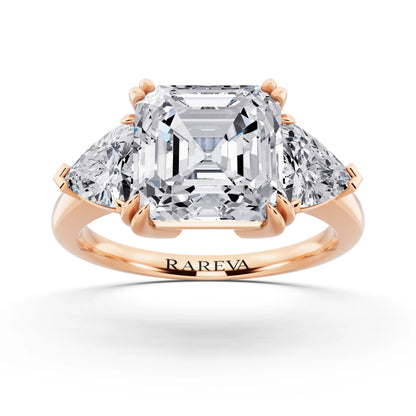 14 KT Rose Gold Asscher Cut Diamond Three Stone Ring with Trillion Accents - front view