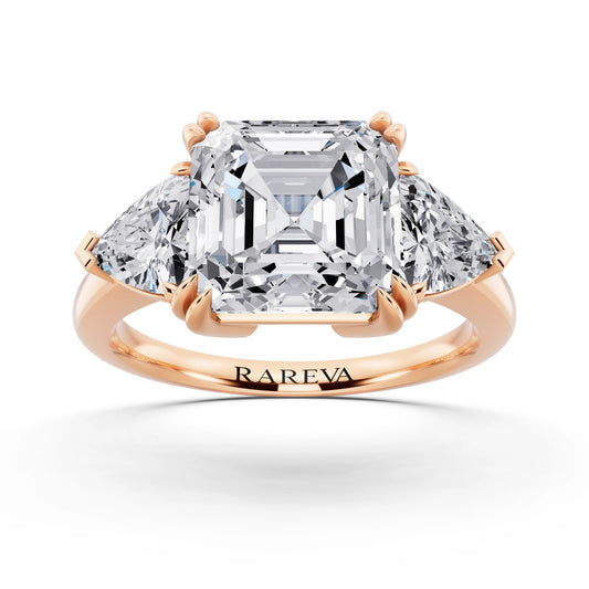 14 KT Rose Gold Asscher Cut Diamond Three Stone Ring with Trillion Accents - front view
