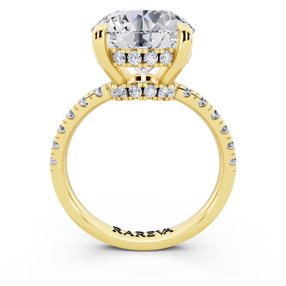 14 KT Yellow Gold Round Cut Diamond Hidden Halo Tiger Prong Pave Band Ring - through finger