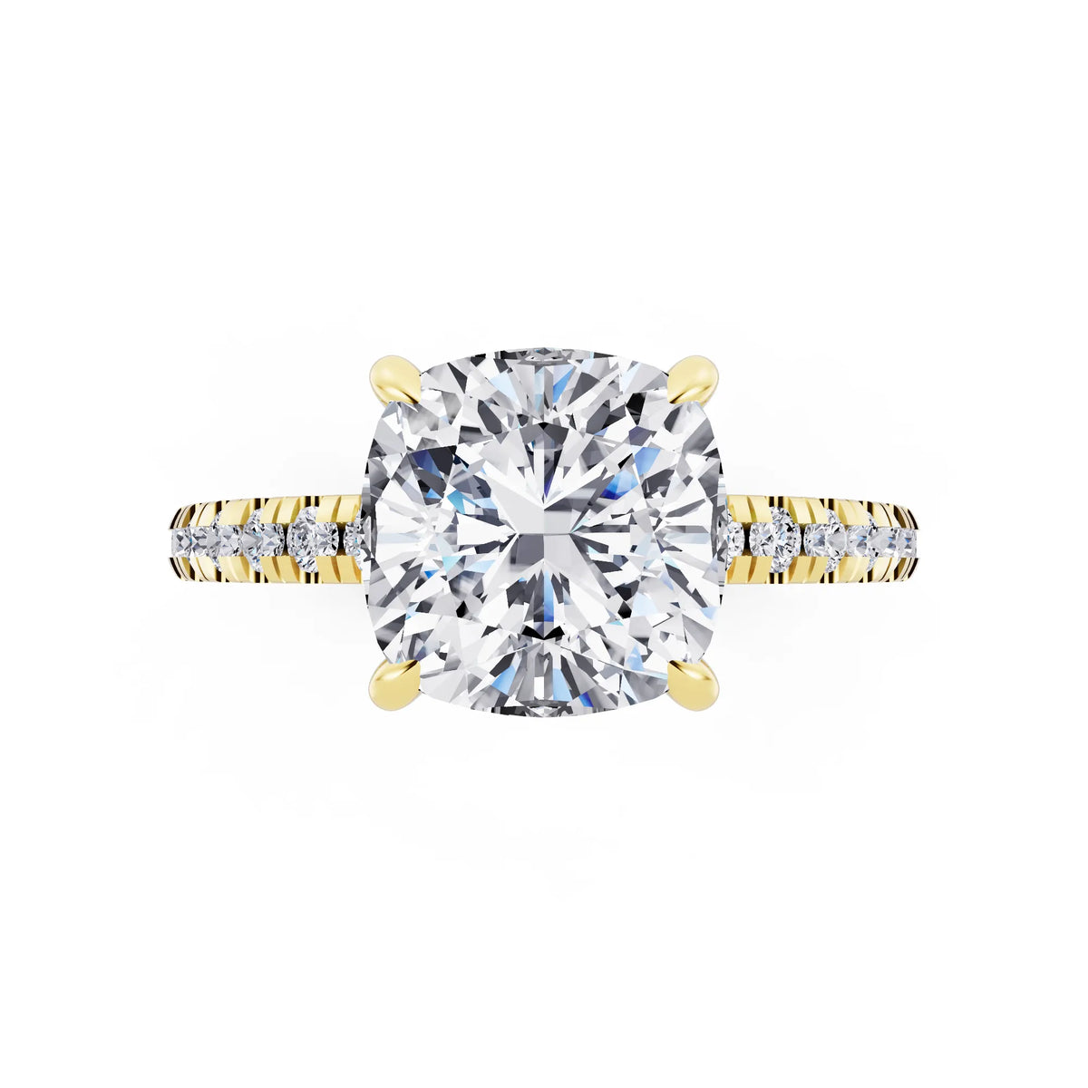 18 KT Yellow Gold Cushion Cut Diamond Solitaire Ring with Marquise Collar - top angle