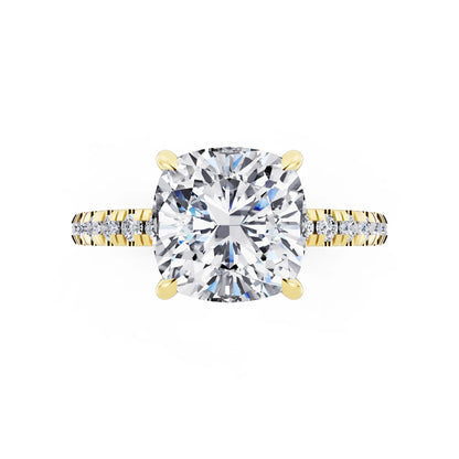 18 KT Yellow Gold Cushion Cut Diamond Solitaire Ring with Marquise Collar - top angle