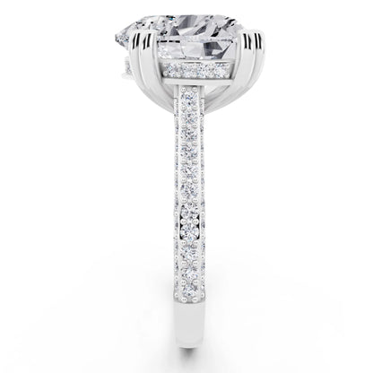 14 KT White Gold Heart Cut Diamond Hidden Halo Double Claw Pave Band Ring - side view