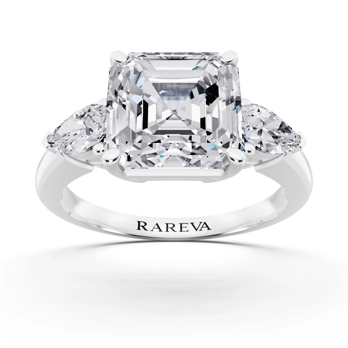 14 KT White Gold Asscher Cut Diamond Three Stone Pear Accent Ring - front view