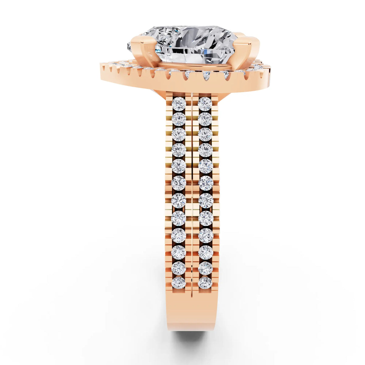 18 KT Rose Gold Heart Cut Diamond Halo Ring with Twin Pave Band - side view