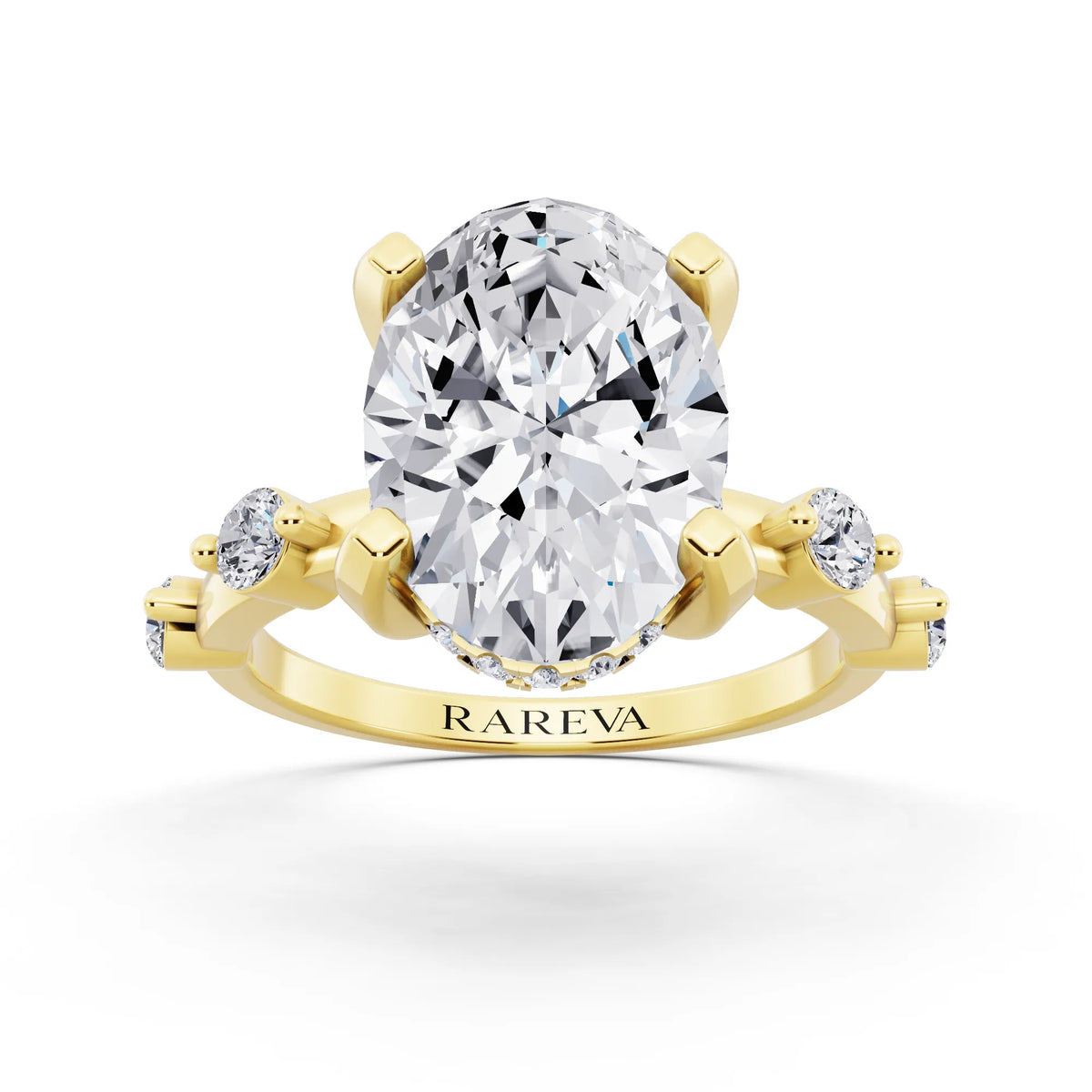 14 KT Yellow Gold Oval Cut Diamond Solitaire Ring with Floating Diamond Accents - front view