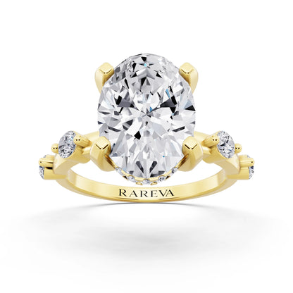 14 KT Yellow Gold Oval Cut Diamond Solitaire Ring with Floating Diamond Accents - front view