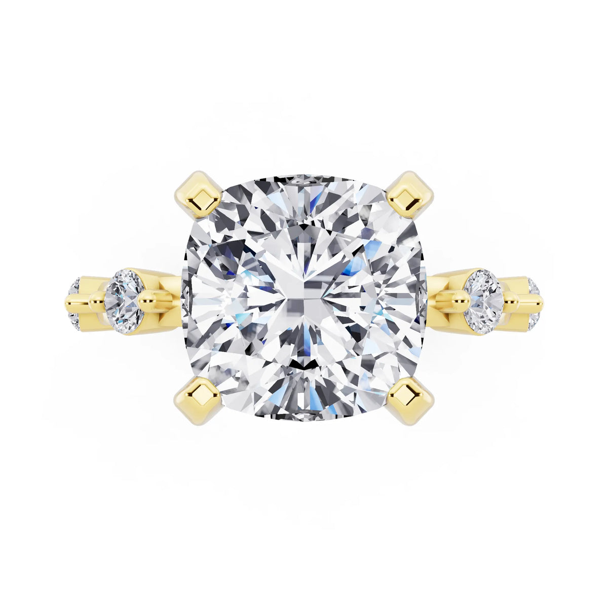 18 KT Yellow Gold Cushion Cut Diamond Solitaire Ring with Floating Diamond Accents - top angle