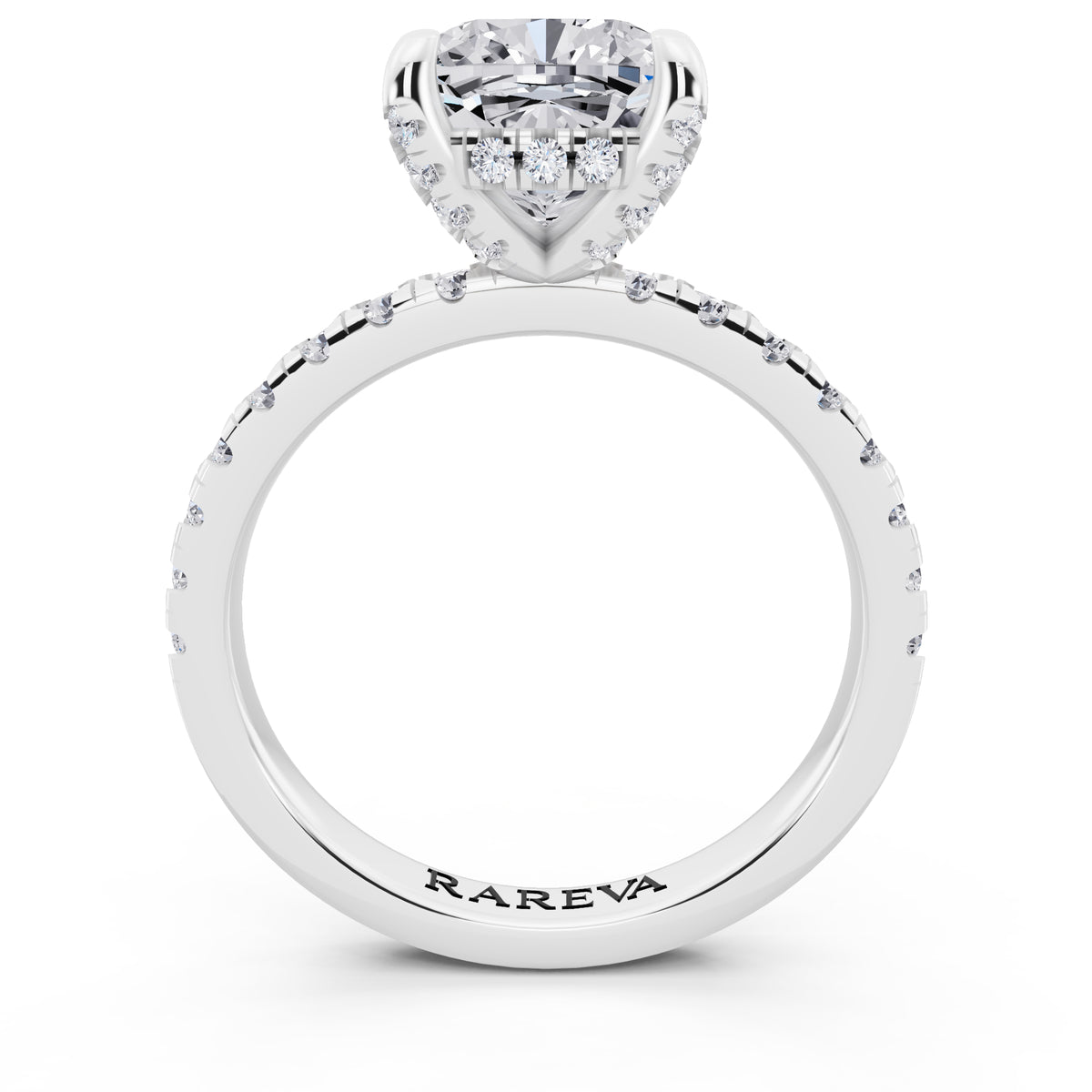 Platinum Cushion Cut Diamond Hidden Halo Ring with Pave Shank - through finger