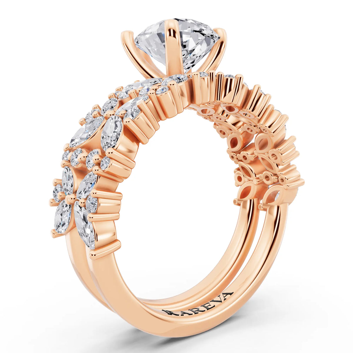 18 KT Rose Gold Pear Cut Diamond Ring with Marquise Cluster Band - top view