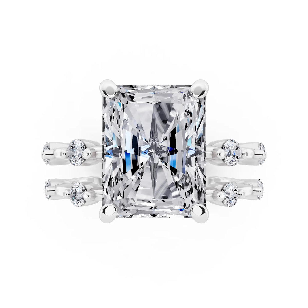 18 KT White Gold Radiant Cut Diamond Ring with Floating Accent Band - top angle