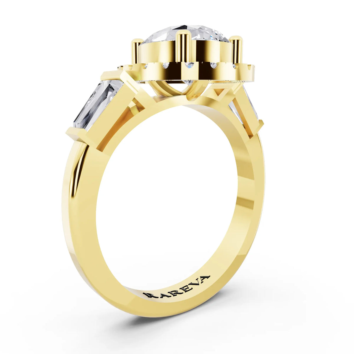 14 KT Yellow Gold Pear Cut Diamond Halo Ring with Baguette Accents - top view
