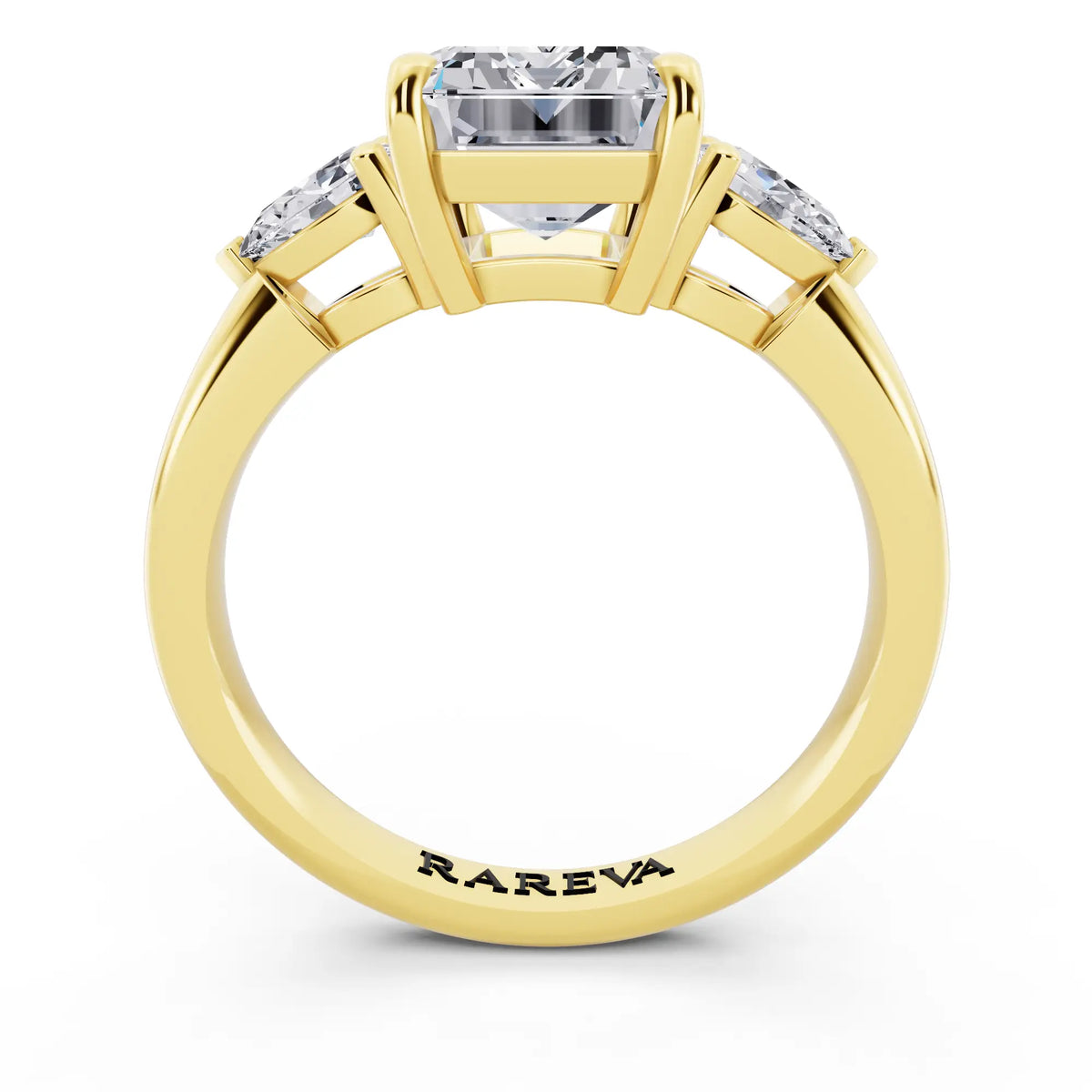 18 KT Yellow Gold Emerald Cut Diamond Three Stone Pear Accent Ring - through finger