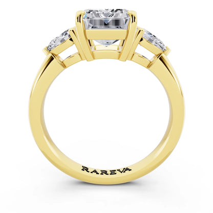 18 KT Yellow Gold Emerald Cut Diamond Three Stone Pear Accent Ring - through finger