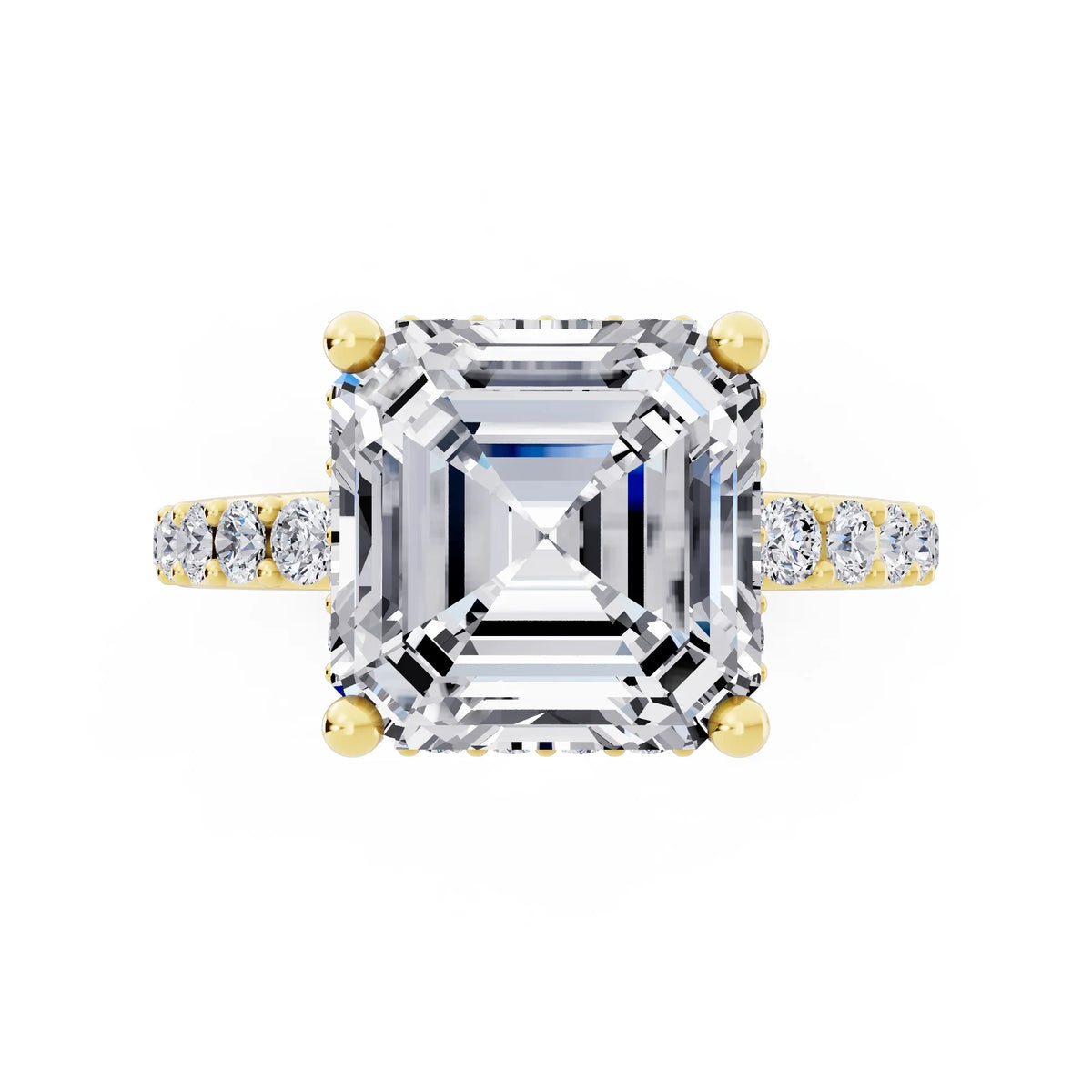 14 KT Yellow Gold Asscher Cut Diamond Solitaire Ring with Hidden Halo and Pave Band - top angle
