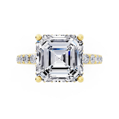 14 KT Yellow Gold Asscher Cut Diamond Solitaire Ring with Hidden Halo and Pave Band - top angle