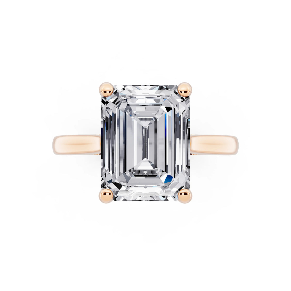 14 KT Rose Gold Emerald Cut Diamond Solitaire Ring with Cathedral Band - top angle