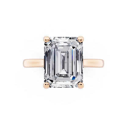 14 KT Rose Gold Emerald Cut Diamond Solitaire Ring with Cathedral Band - top angle