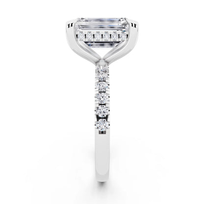 18 KT White Gold Emerald Cut Diamond Solitaire Ring with Round Pavé Band and Prong Setting - side view