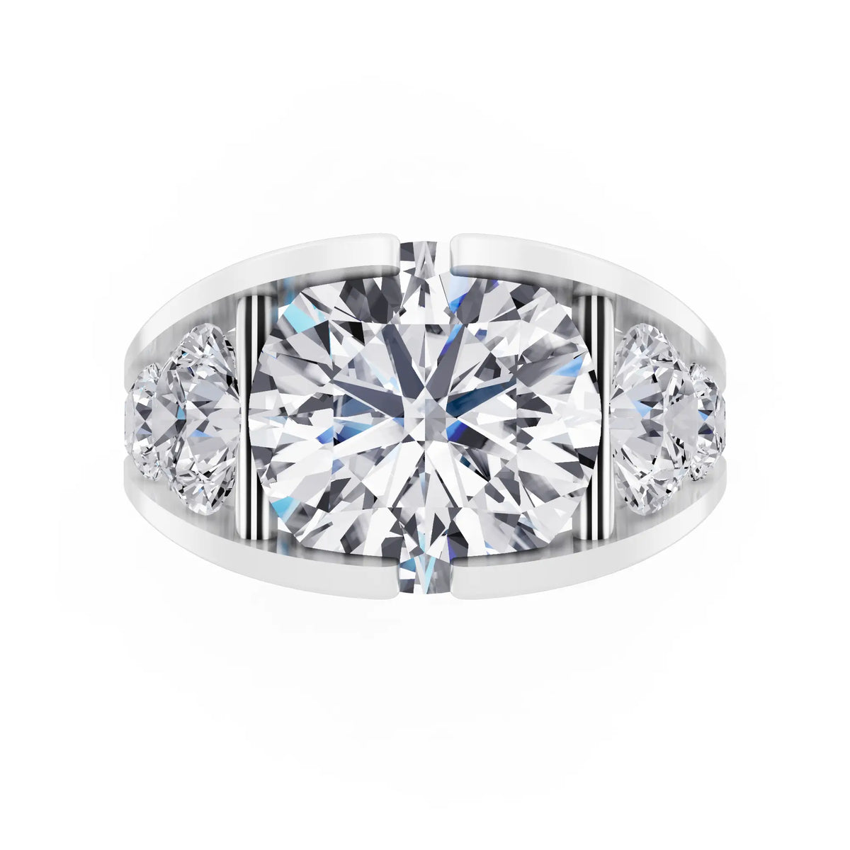 18 KT White Gold Round Cut Diamond Ring with Graduated Side Stones - Top down