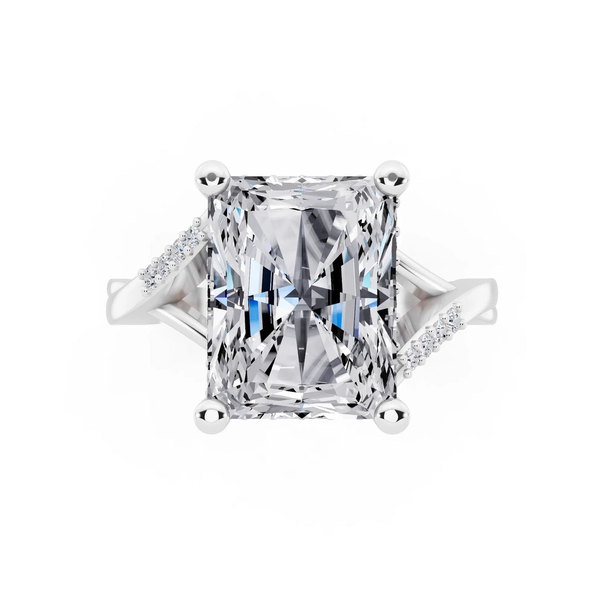 14 KT White Gold Radiant Cut Diamond Split Shank Engagement Ring with Hidden Halo - top angle