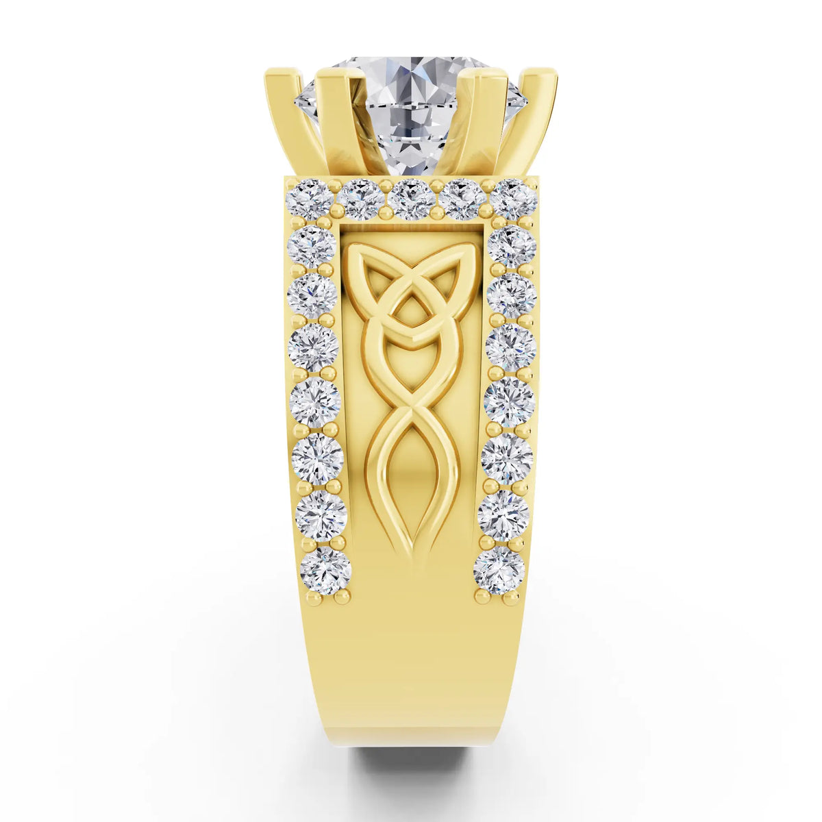 18 KT Yellow Gold Round Cut Diamond Solitaire Ring with Celtic Knot Band - Side view