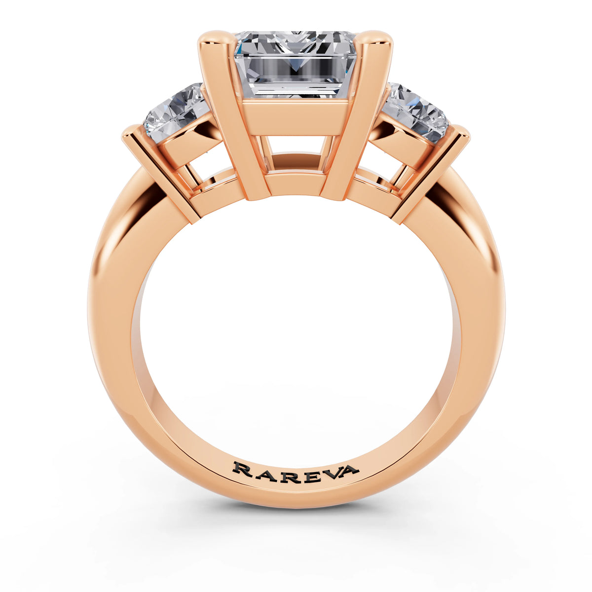 14 KT Rose Gold Emerald Cut Diamond Three Stone Ring with Round Accents - through finger