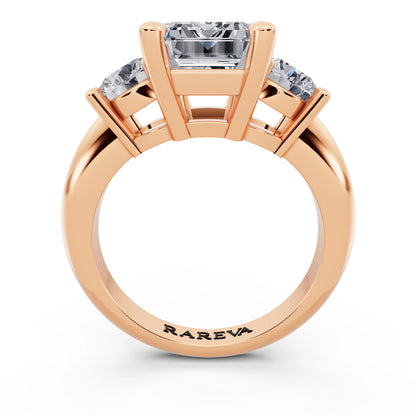 14 KT Rose Gold Emerald Cut Diamond Three Stone Ring with Round Accents - through finger