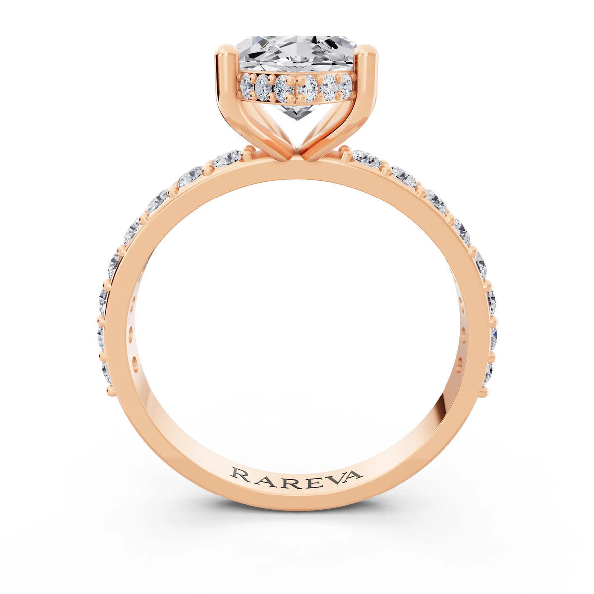 18 KT Rose Gold Marquise Cut Diamond Solitaire Ring with Hidden Halo and Pave Band - through finger