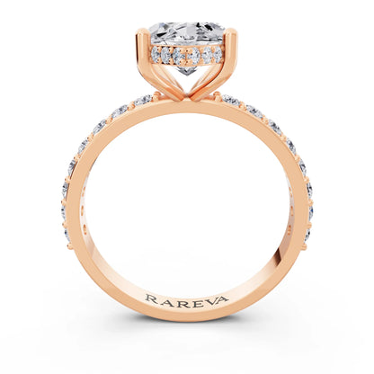 18 KT Rose Gold Marquise Cut Diamond Solitaire Ring with Hidden Halo and Pave Band - through finger