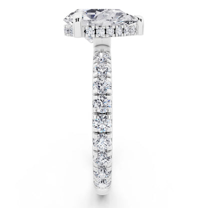 Platinum Pear Cut Diamond Solitaire Ring with Hidden Halo and French Pave Band - side view