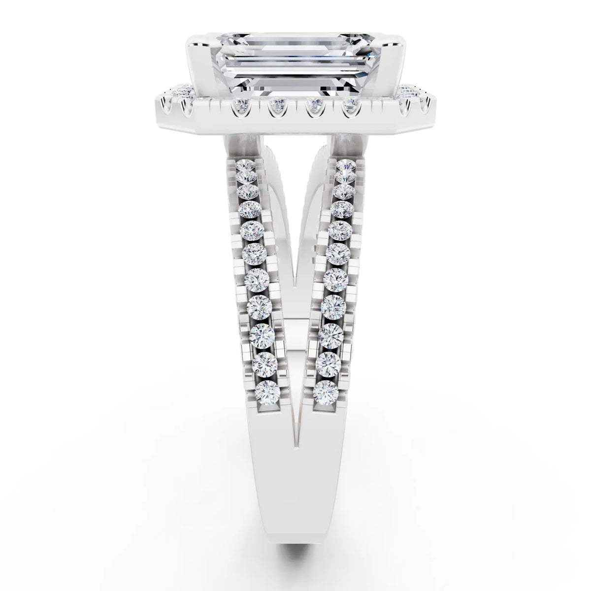 14 KT White Gold Emerald Cut Diamond Halo Ring with Pave Split Shank - side view