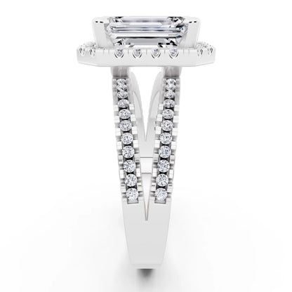 14 KT White Gold Emerald Cut Diamond Halo Ring with Pave Split Shank - side view