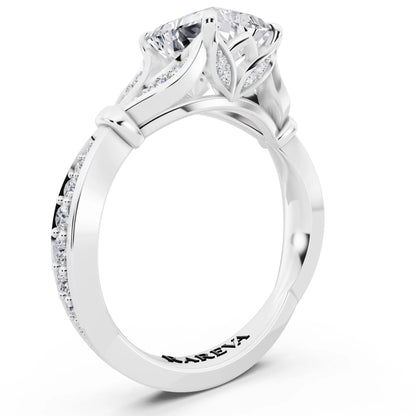14 KT White Gold Radiant Cut Diamond Ring with Lotus Collar - top view