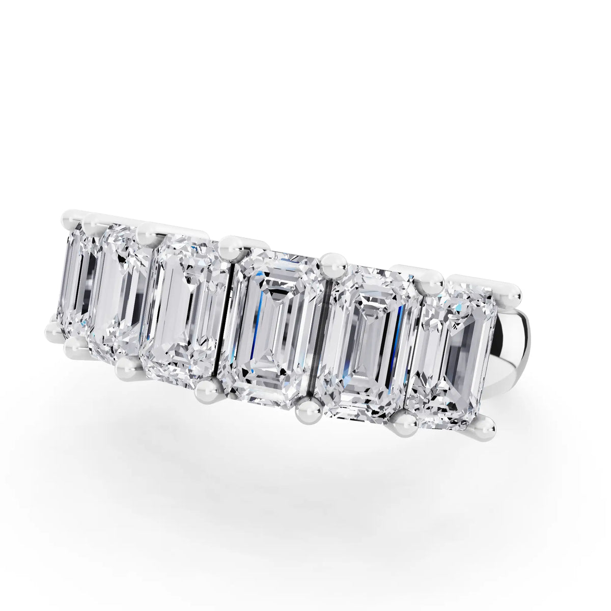 10K White Gold Seven Stone Emerald Cut Diamond Half Eternity Wedding Band - 2.2mm - Close up